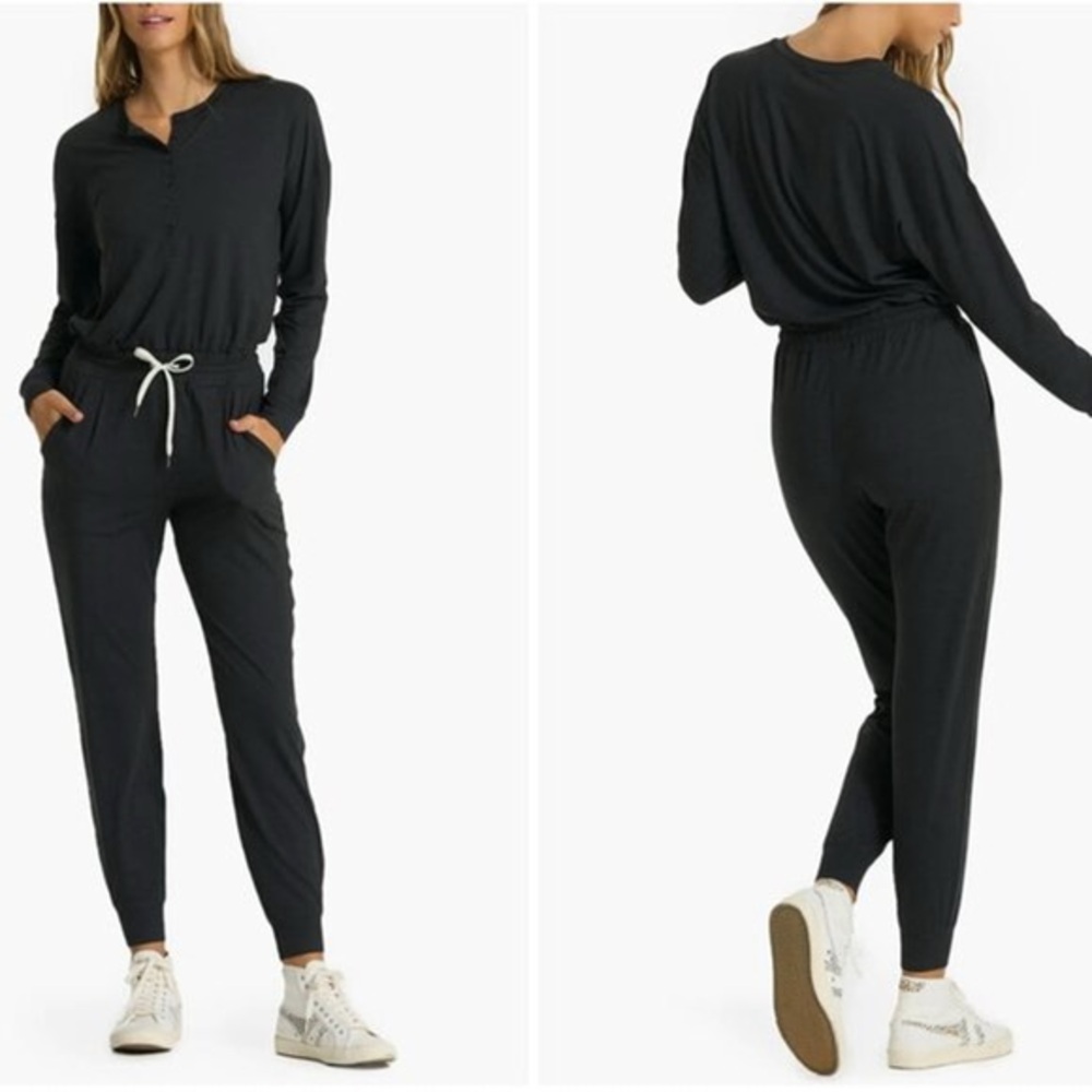 Vuori Black Long-Sleeve Henley Jumpsuit with Drawstring